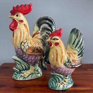 Vintage Ceramic Rooster Figurines Set 2 Japan Farm Hen Chicken Hand Painted